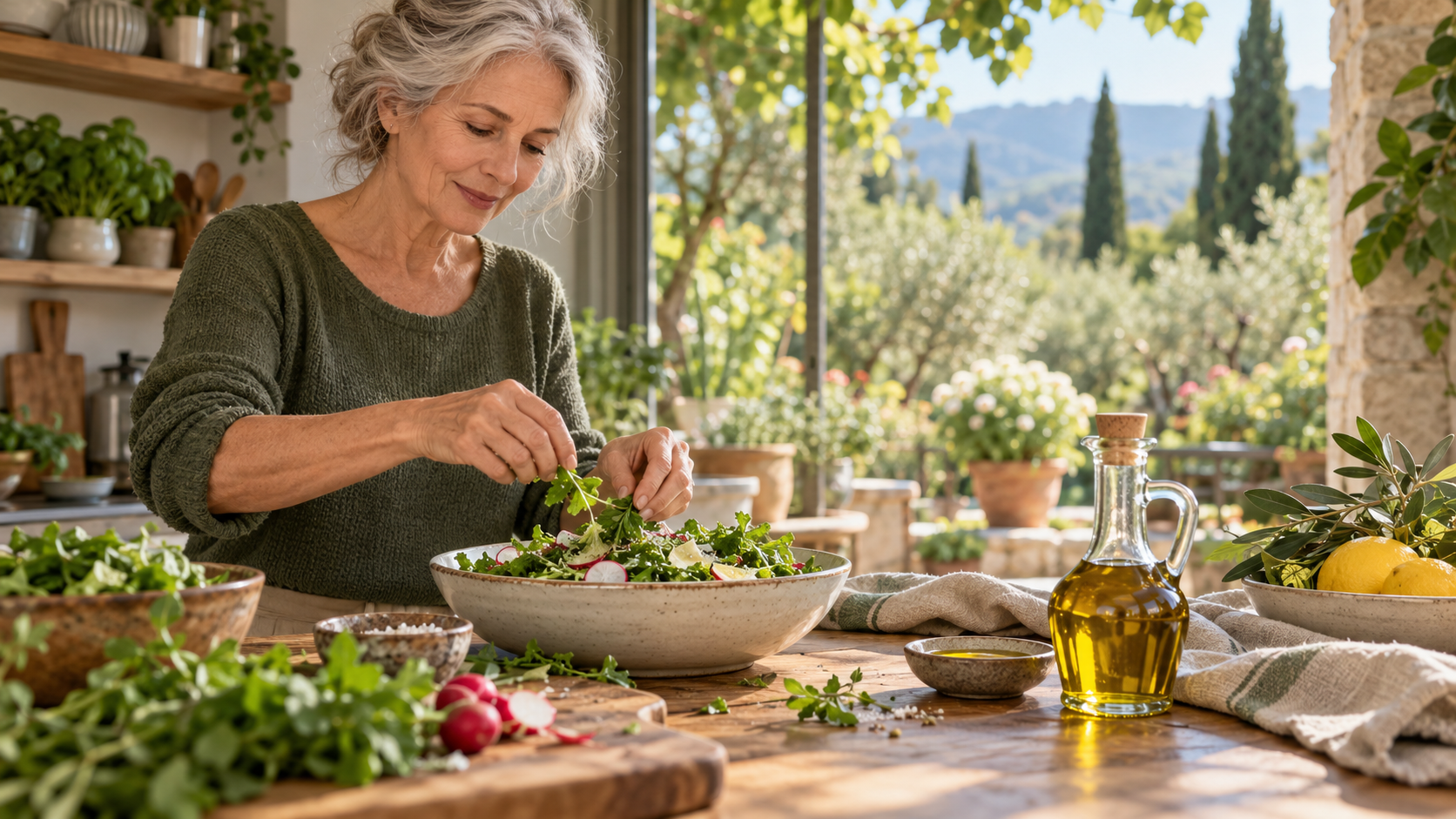 Illustrative kitchen scene with olive oil; not the Olivaro Drops product or a customer testimonial.